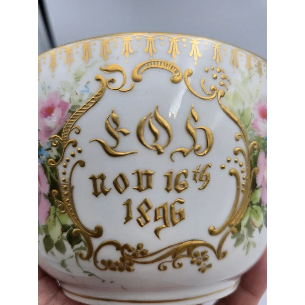 Antique Hand Painted Porcelain Bowl 1896 Pink Roses‎ Gold Gilt Victorian - Picture 7 of 12